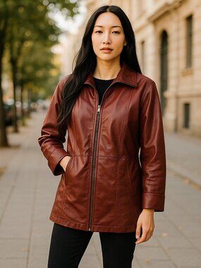 ROAMANS Burgundy Fully Lined Zip Front Leather Coat Ladies Plus Size 14W